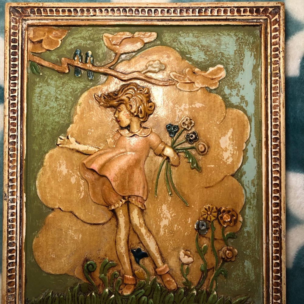 Antique Art Nouveau chalk ware  Girl plaque with Flowers Wall Art